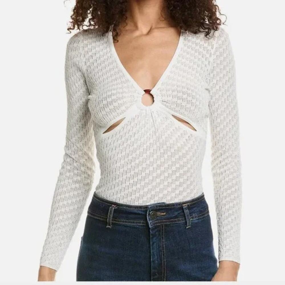 Sandro Tahys White Ring Embellished Cut Out Pointelle Open Knit Top SZ L